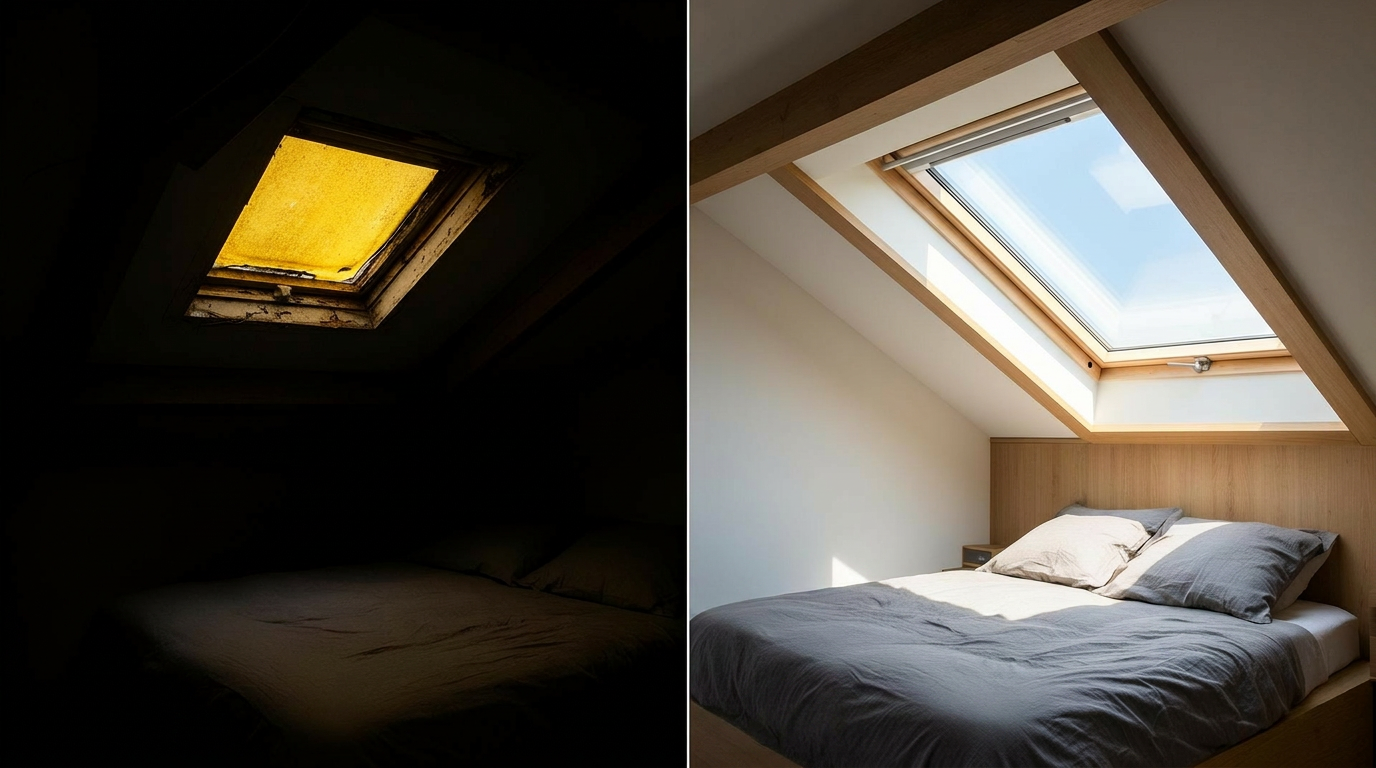 Avant / après intérieur — chambre sous combles